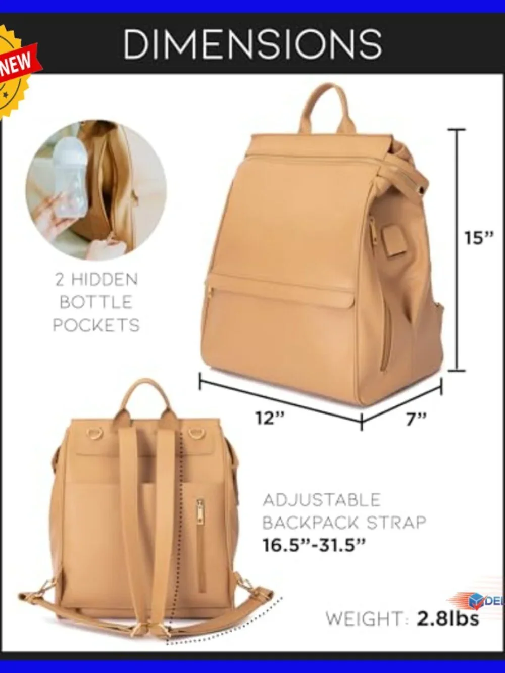 Leather Diaper Bag Backpack with USB Port, Changing Pad, Stroller Straps